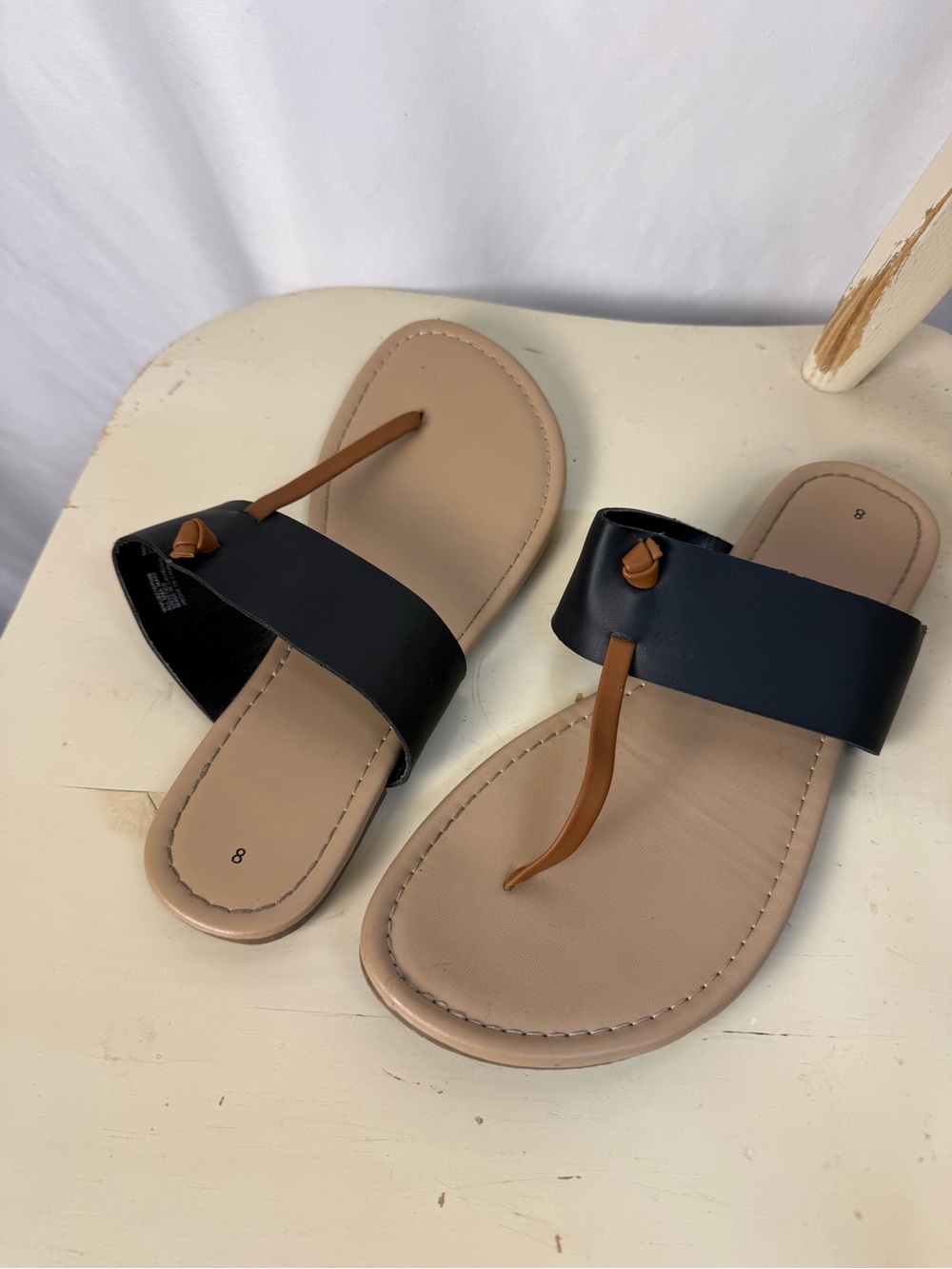 Black and Tan Wide-strap Toe Post Sandals - Women